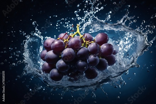 Fresh grapes with water splash on dark background