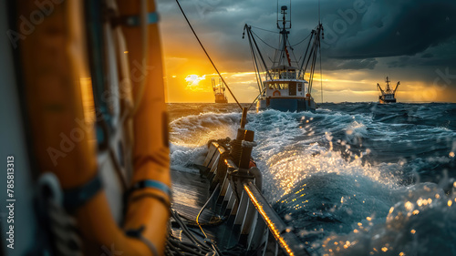 View from the stern of a fishing boat returning to harbor, tracing the way back, water shimmering with the afternoon sun. A day in the hard life of professional fishermen. photo