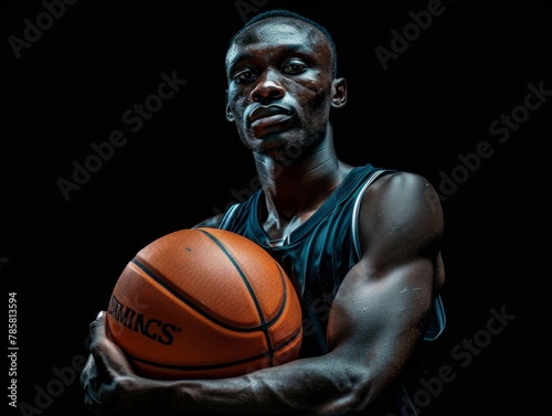 basketball player holding a ball on black background 