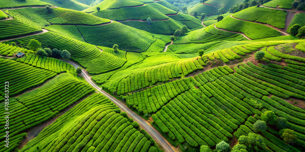 Fototapeta premium abstract aerial view of green tea estate, generative Ai
