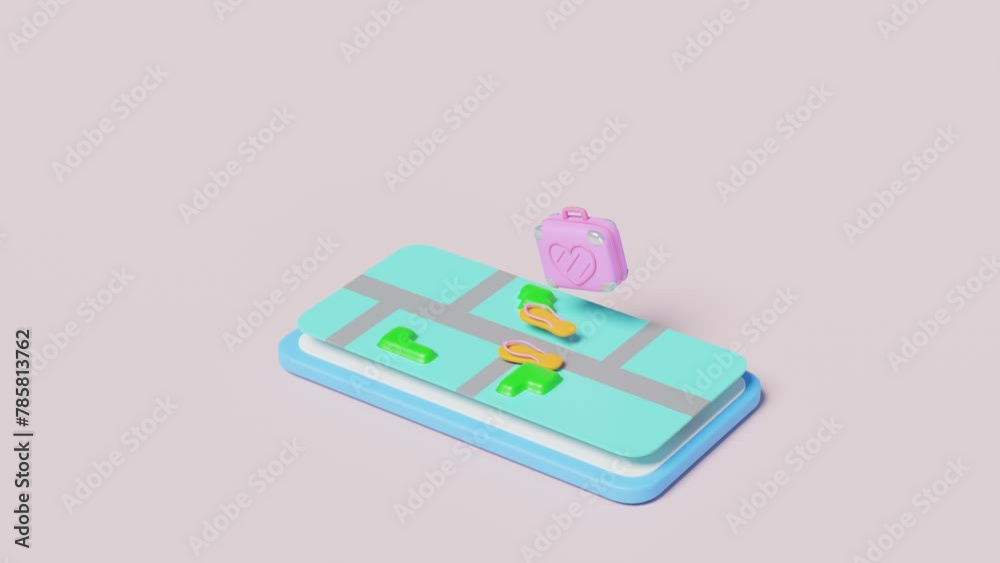 3d mobile phone or smartphone with map, sandals, luggage, measure isolated on pink background. map earth travel concept, 3d render illustration, alpha channel 3d mobile phone or smartphone with map, sandals, luggage, measure isolated on pink background. map earth travel concept, 3d render illustration, alpha channel