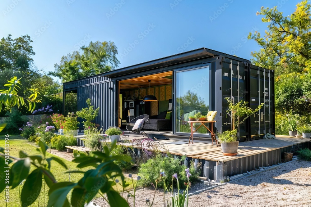 ecofriendly shipping container tiny house in tranquil sunny garden sustainable living concept