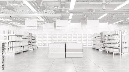 3D Rendering. Store interior supermarket with shelf shelves.