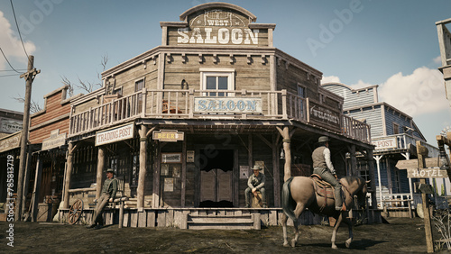 3D illustration rendering of an empty street in an old wild west town with wooden buildings.