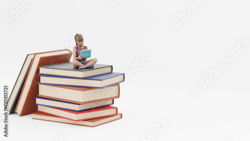 3d illustration. Woman reading a book while sitting on stack of books. 3D render