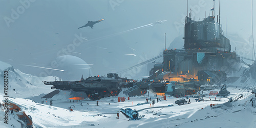 Human military base on a cold alien planet, concept design