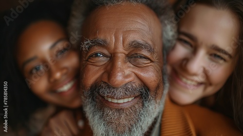 Close-up of joyful elderly man with white beard hugged by young multiracial women, expressions of happiness and togetherness, Concept of multicultural family bonding and cheerful senior lifestyle photo