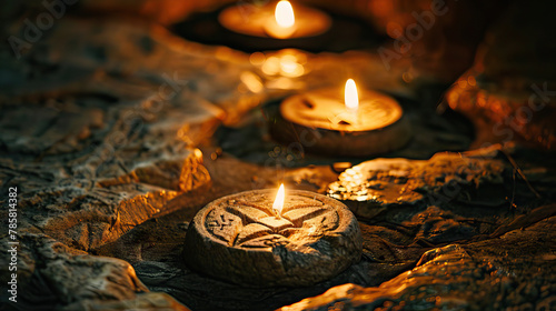 Cryptic Symbols: Mysterious Symbols Carved into Stone, Illuminated by Candlelight photo