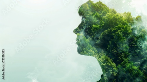 Concept of environment caring devotion, business sustainability and global warming protection shown by woman and green forest double exposure image hyper realistic  © Johannes