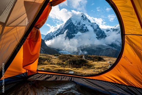 mountain view in morning from inside tent. ai generative