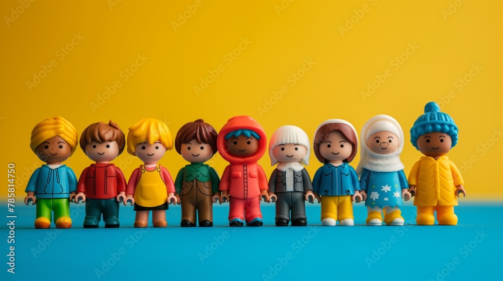 Diverse array of colorful toy figures lined up, symbolizing unity in diversity and the concept of inclusive play and education for children Diverse array of colorful toy figures lined up, symbolizing unity in diversity and the concept of inclusive play and education for children