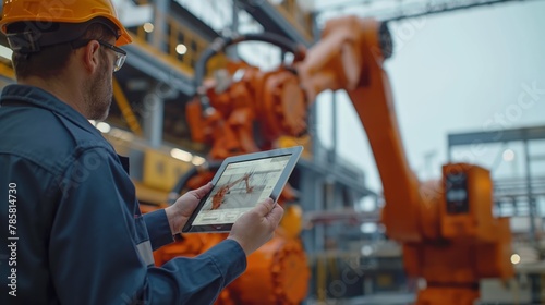 Engineer in hard hat operating tablet to control robotic arms in industrial setting, encapsulating the concept of automation and technology in manufacturing