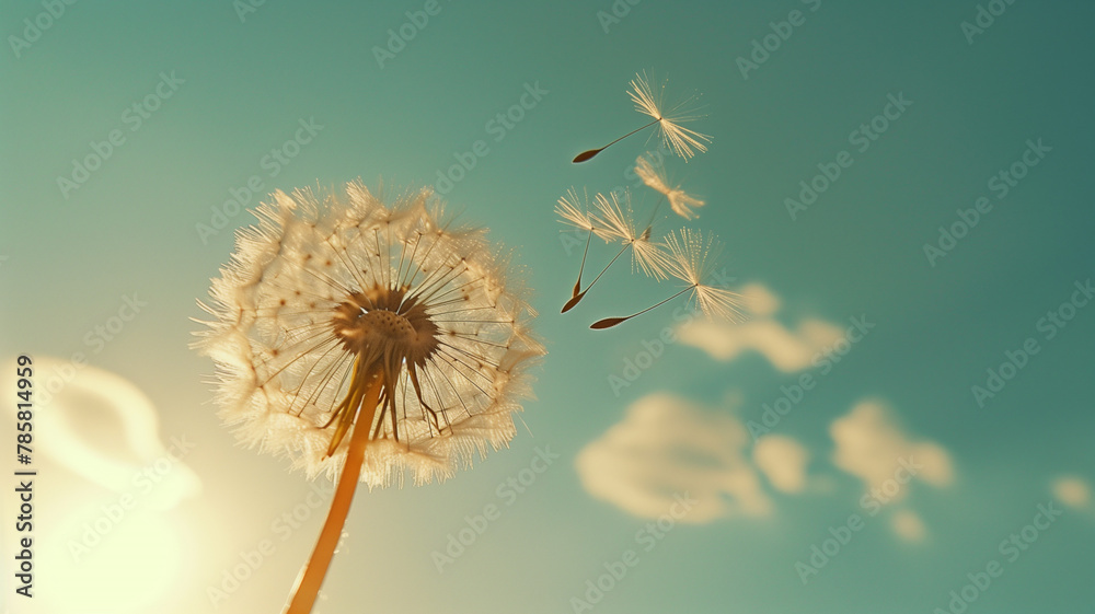 Obraz premium Dandelion Seed Drifting Freely in the Air Against a Clear Blue Sky