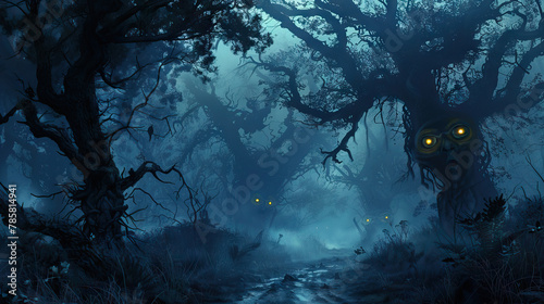 Eerie Forest: A Dark, Misty Forest with Twisted Trees and Glowing Eyes Peering from the Shadows