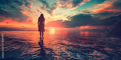 A Women walk on the lake with sunset