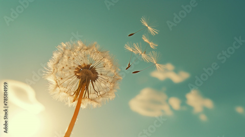 Dandelion Seed Drifting Freely in the Air Against a Clear Blue Sky