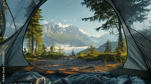 mountain view in morning from inside tent. ai generative