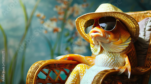 Fish Out of Water: A Fish Wearing Sunglasses and a Hat, Sitting in a Tiny Chair
