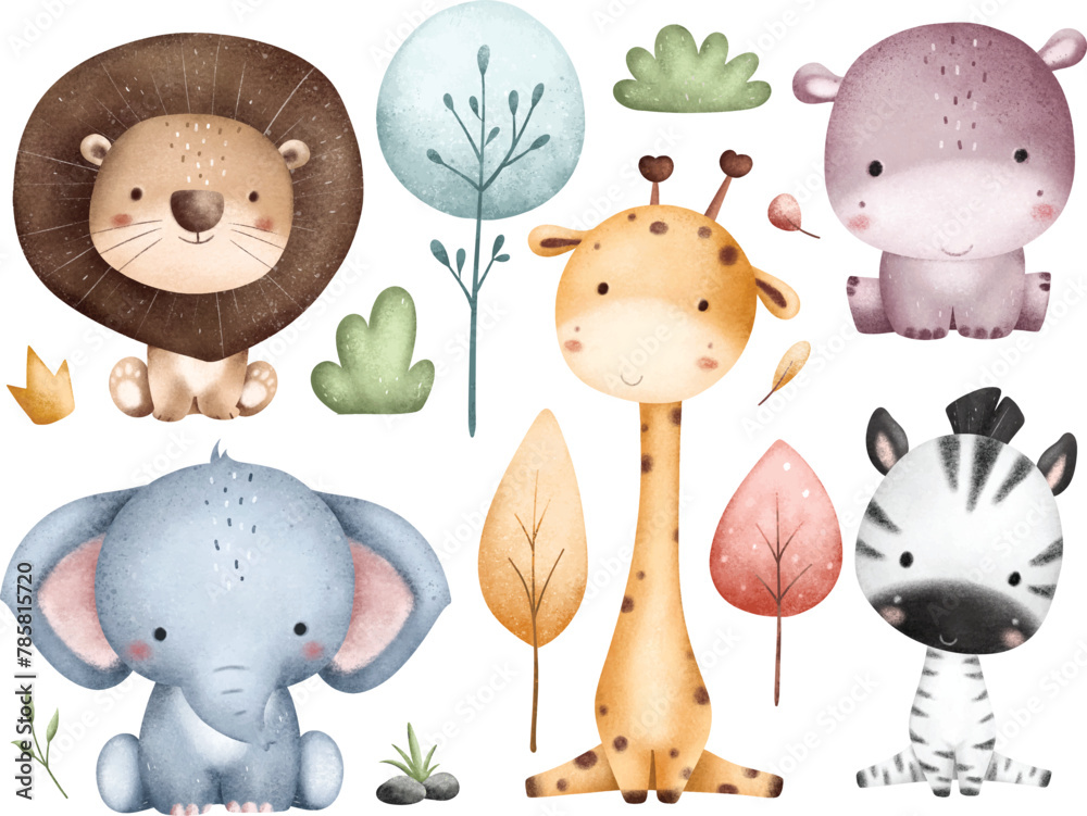Watercolor Illustration Set of Safari Animals and Tropical Leaves - obrazy, fototapety, plakaty 