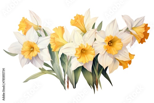White and yellow narcissus flowers bouquet isolated on white background. Vector illustration. photo