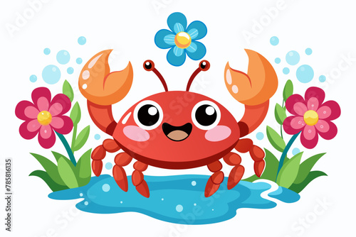 A charming crab cartoon character adorns a white background, its shell adorned with vibrant flowers.