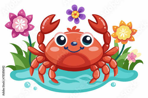 Charming crab cartoon with blooming flowers adorning its shell.