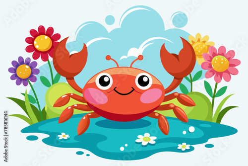 A charming crab cartoon adorned with colorful flowers against a white background.