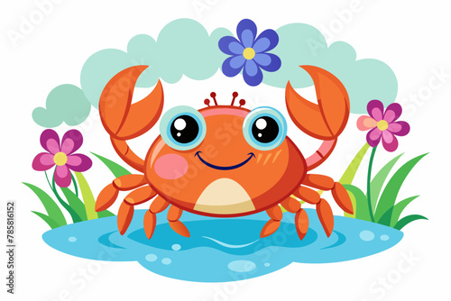 A charming crab cartoon character adorned with vibrant flowers.