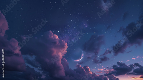 background The night sky with the moon and stars is taken from a certain angle photo