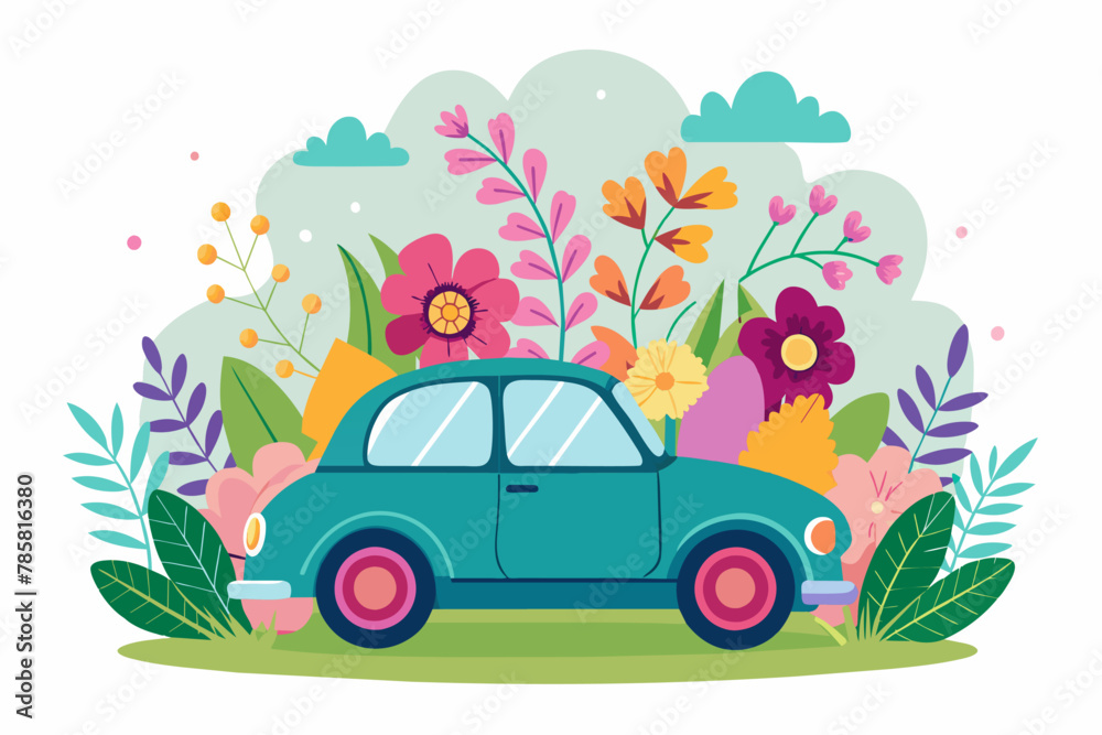 Charming cars adorned with vibrant flowers on a pristine white background.