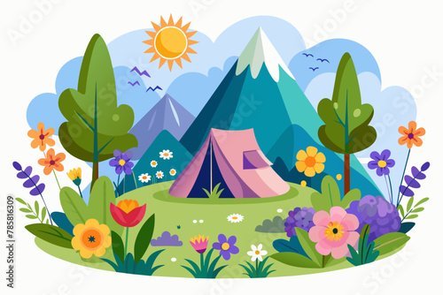 Charming camping scene with vibrant flowers blossoming against a white backdrop.