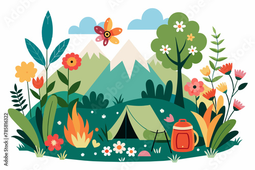 Charming campsite adorned with blooming flowers against a pristine white backdrop.