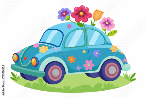 Charming car cartoon with flowers  isolated on white background.