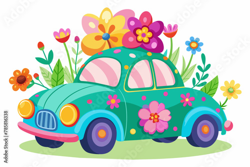 Charming cartoon car adorned with vibrant flowers, set against a pristine white backdrop.