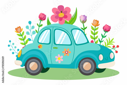 A charming cartoon car adorned with vibrant flowers against a pristine white background.