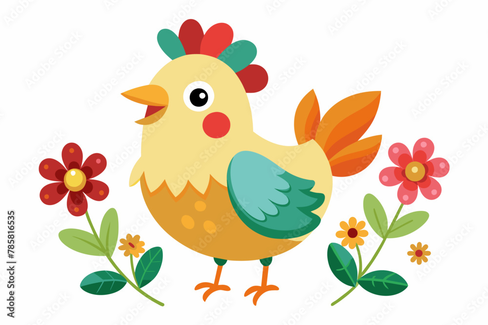 Charming cartoon chicken adorned with vibrant flowers.