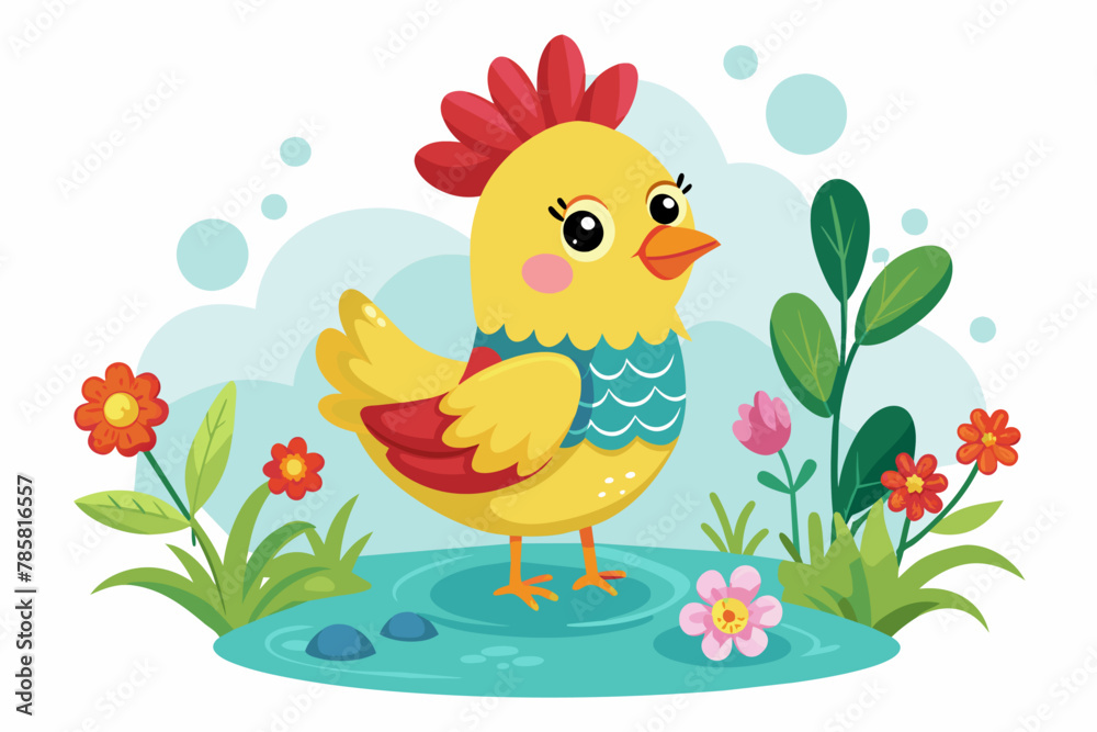 Charming cartoon chicken adorned with vibrant flowers.