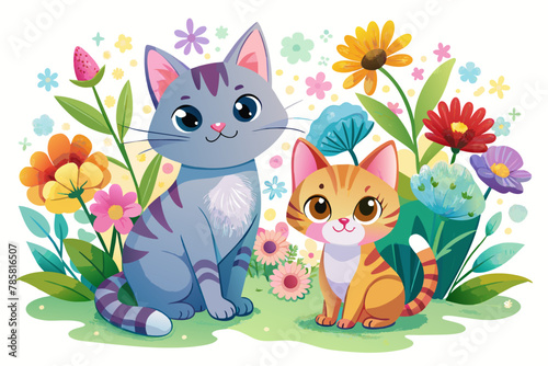 Charming cartoon cats with flowers on a white background