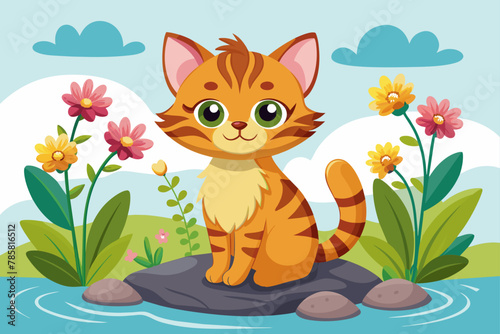 Charming cartoon cats frolic amidst blooming flowers on a pristine white background.