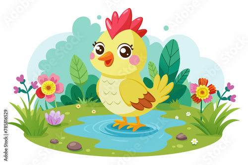 A charming chicken cartoon adorned with vibrant flowers.