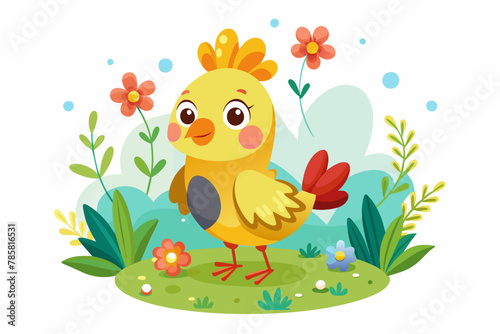 Charming cartoon chicken adorned with vibrant flowers