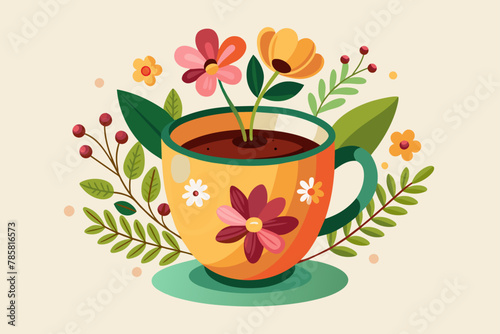A charming cup of coffee surrounded by delicate flowers rests elegantly on a pristine white background.