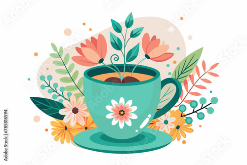 Coffee charming with flowers, presented on a white background.