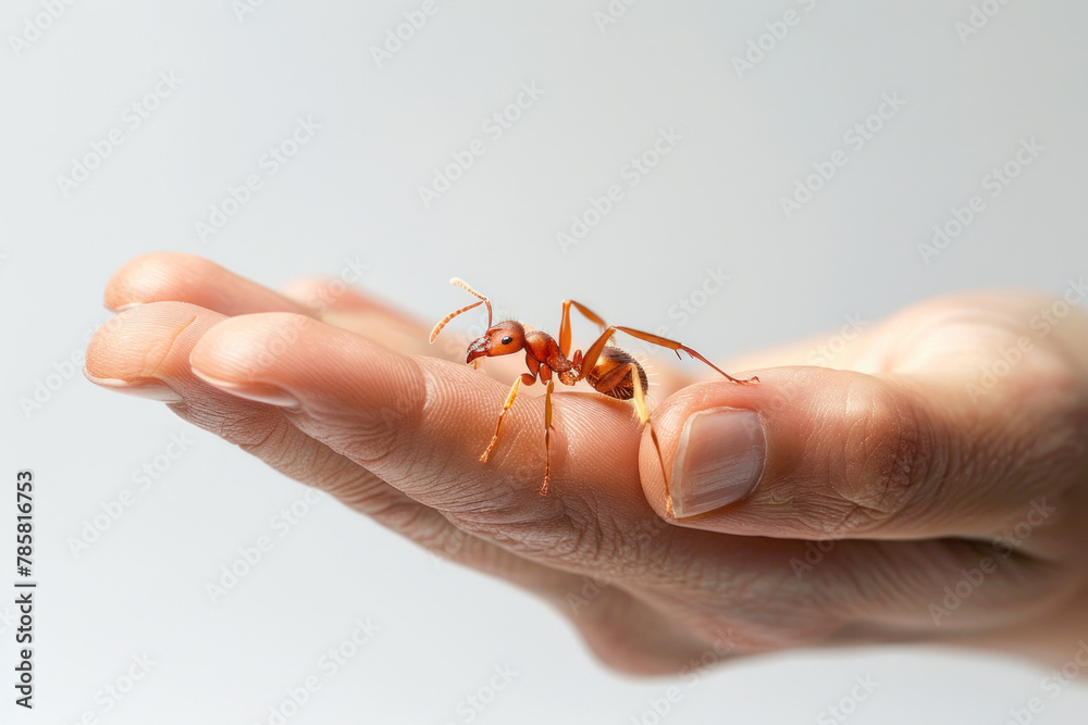 Fototapeta premium Hand holding brown ant isolated on gray background