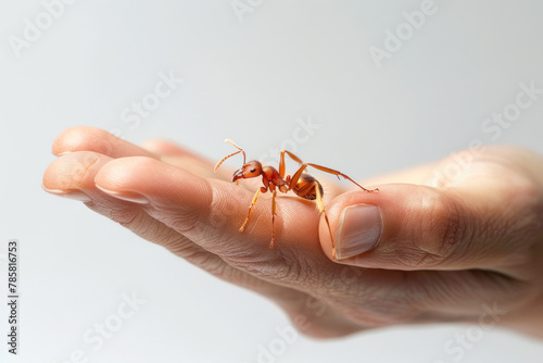Hand holding brown ant isolated on gray background © Ari