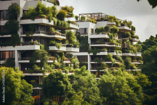 Modern apartment buildings with balconies and greenery