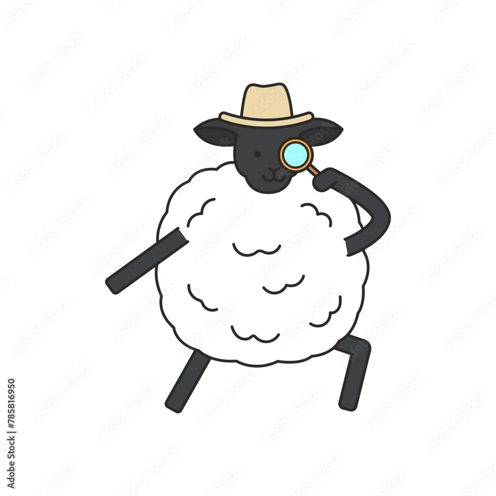 Obraz premium Sheep with a hat and a magnifying glass. Vector illustration