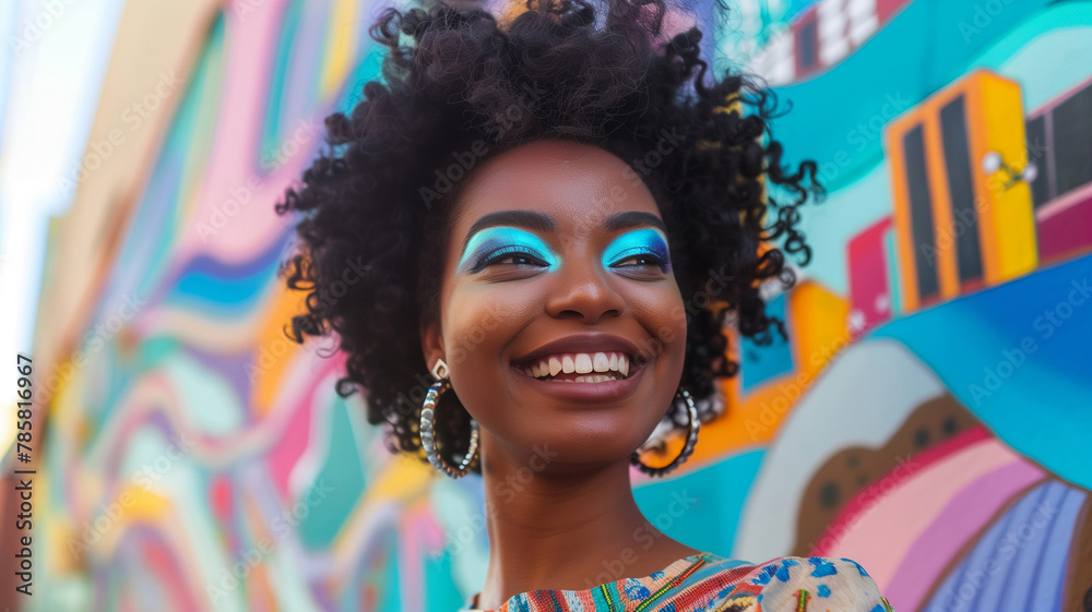 Vibrant Woman with Blue Eyeshadow Against Graffiti Vibrant Woman with Blue Eyeshadow Against Graffiti