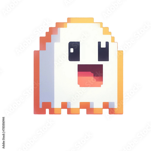 A playful pixelated ghost in a classic arcade game style photo