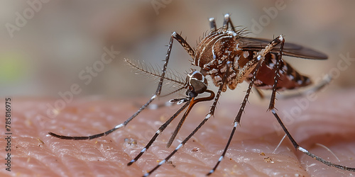 Closeup view of a mosquito biting human skin